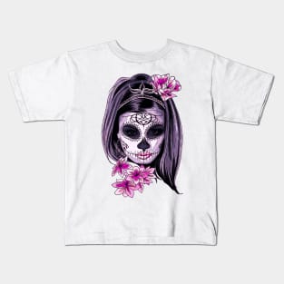 Catrina face painted in pastel colors with pink flowers. Feminist princess catrina face. Kids T-Shirt